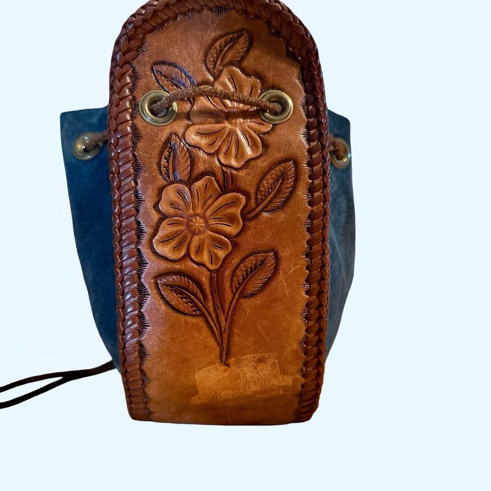 Vintage Unbranded Teal Suede & Tooled Leather Drawstring Purse Handbag Tote Bag